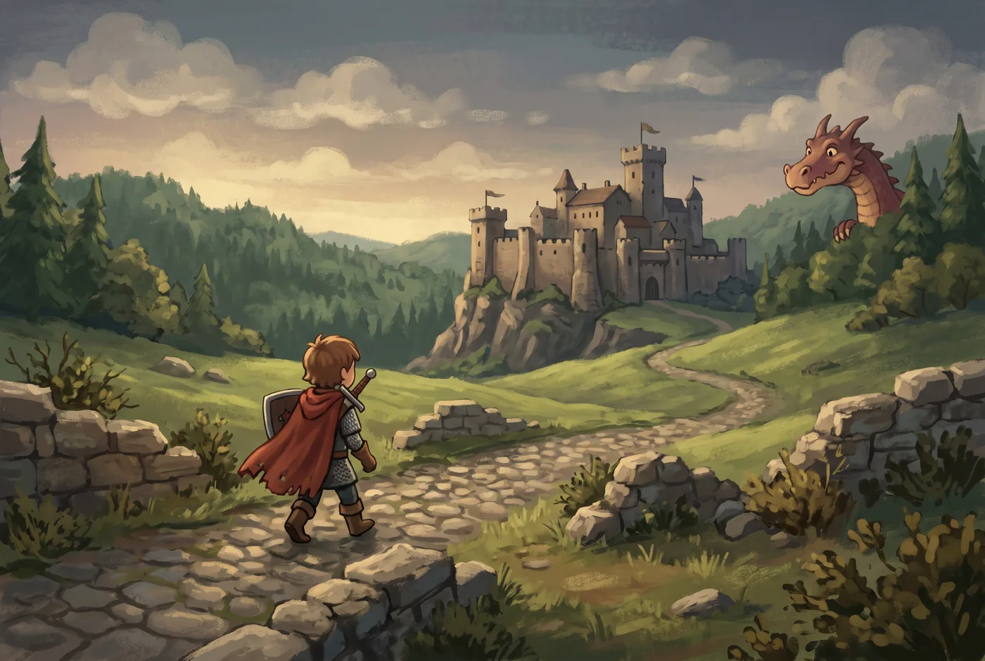 A red-caped knight walks a cobbled path toward a castle in a storybook landscape