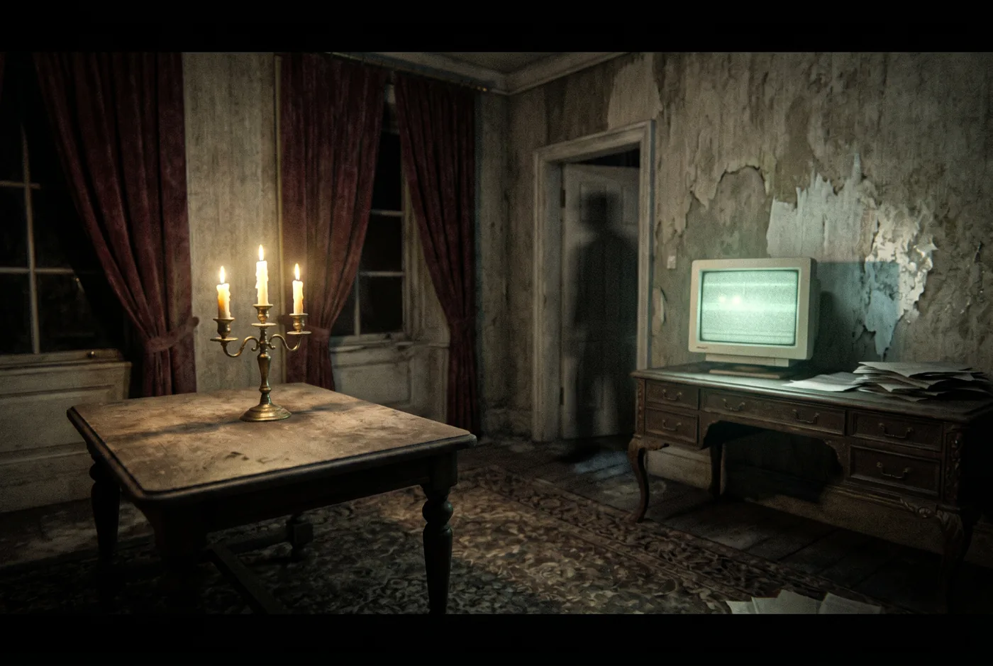 A candlelit Victorian room with an old CRT monitor glowing and a ghostly figure in the doorway